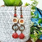 Vintage Style Cream and Red Flower Earrings
