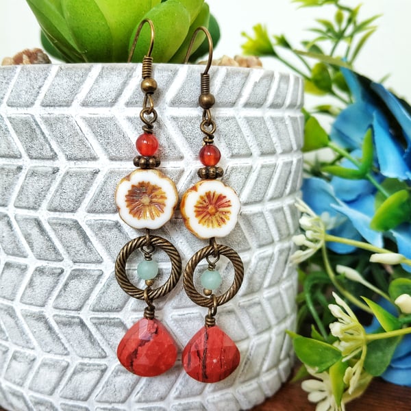 Vintage Style Cream and Red Flower Earrings