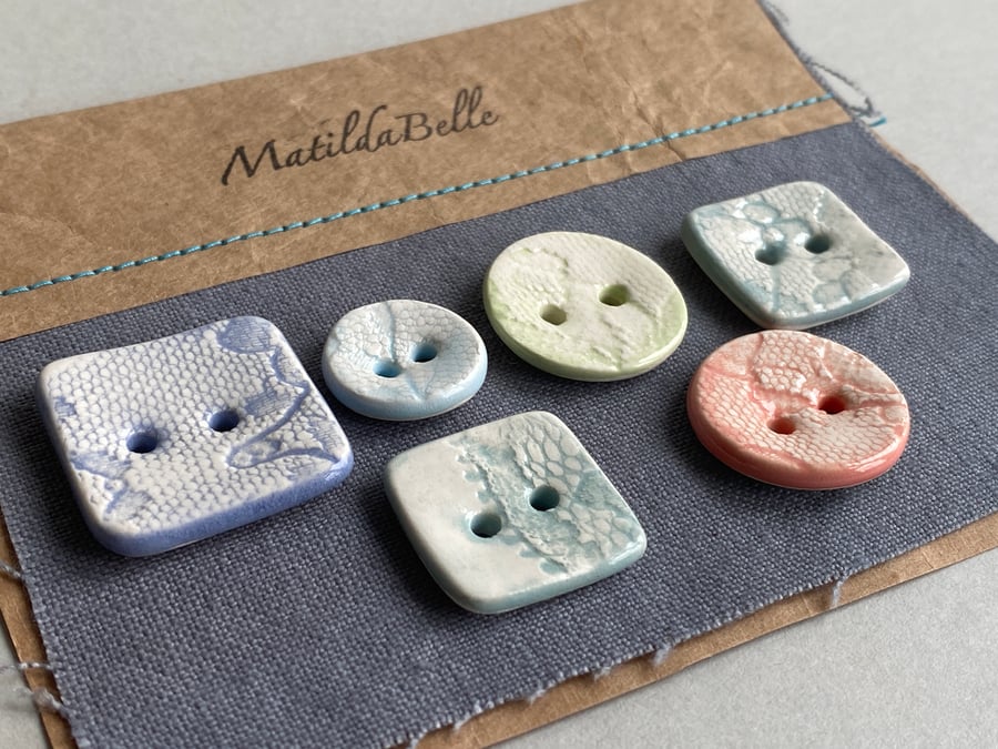 Buttons handmade Mixed set of Six ceramic pastel buttons