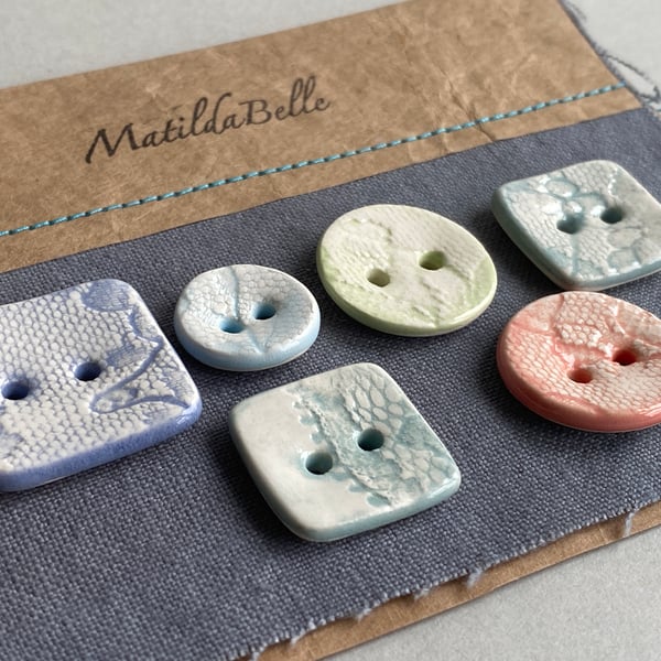 Buttons handmade Mixed set of Six ceramic pastel buttons