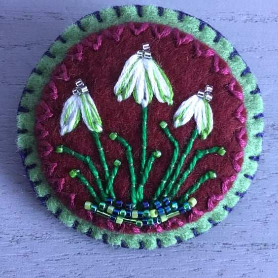 Hand Embroidered Snowdrop Flowers Brooch