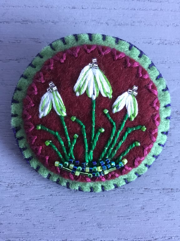 Hand Embroidered Snowdrop Flowers Brooch