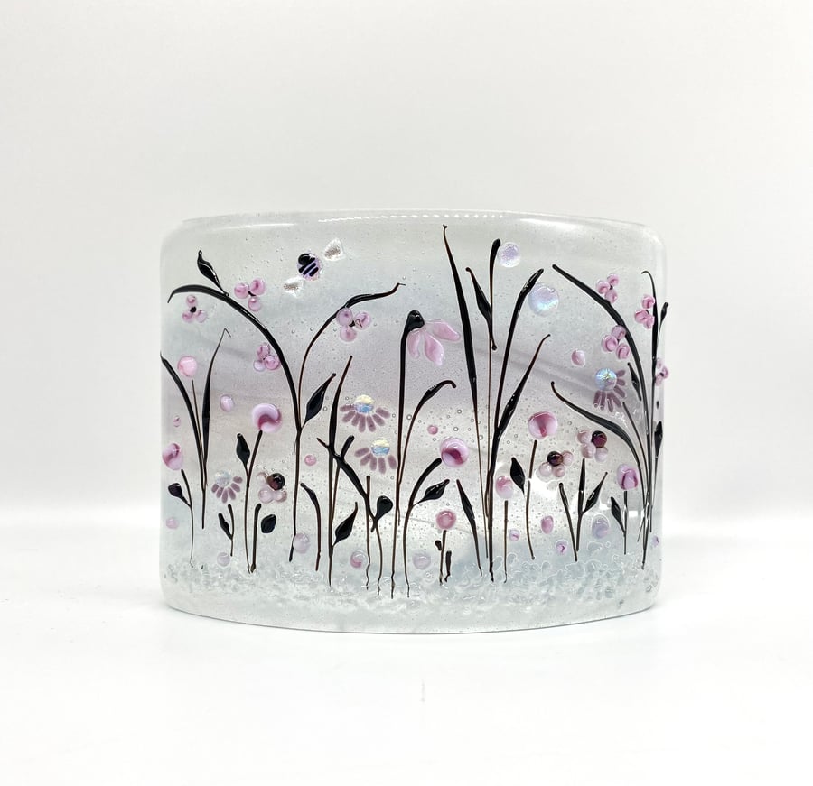 Glass Floral Meadow Panel in Grey, Purple, Pink & Black