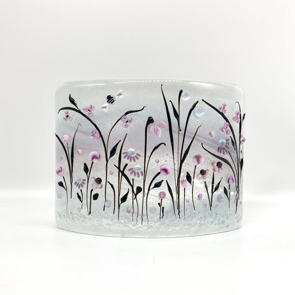 Glass Floral Meadow Panel in Grey, Purple, Pink & Black