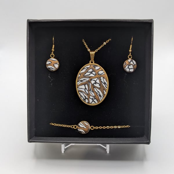 Brown and gold Jewelry Set Handmade Polymer Clay Necklace, Earrings, Bracelet