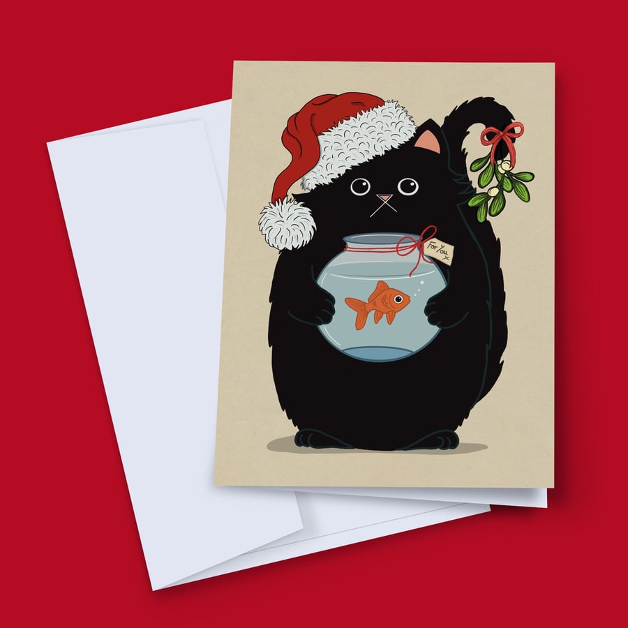 Black Cat Christmas Card, Santa Hat Cat with Goldfish Gift, For You