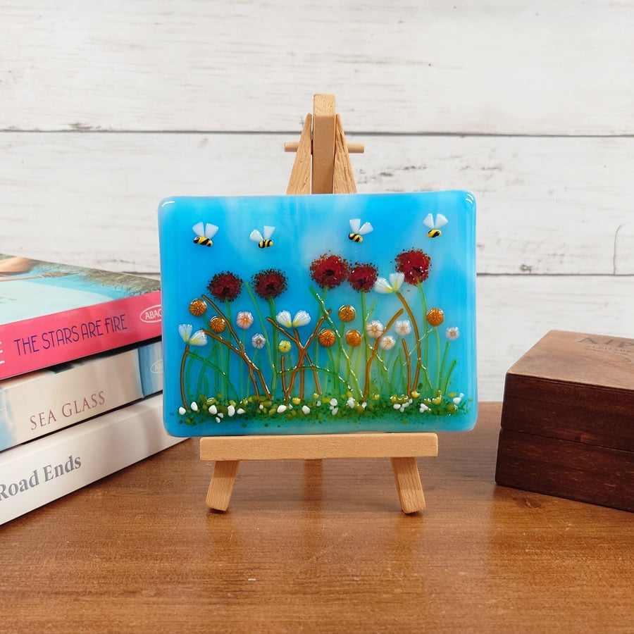 Freestanding Fused Glass Poppy Meadow; August Birth Flower
