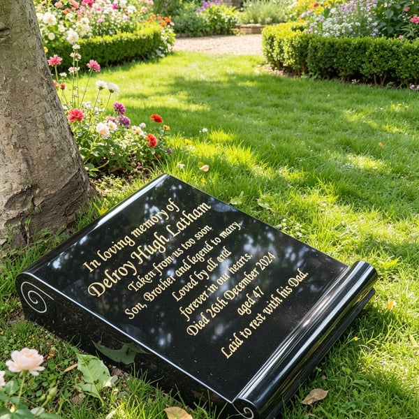 Memorial SCROLL Marker Slanted Wedged Grave Plaque Stone Slanted Wedged Cemetery