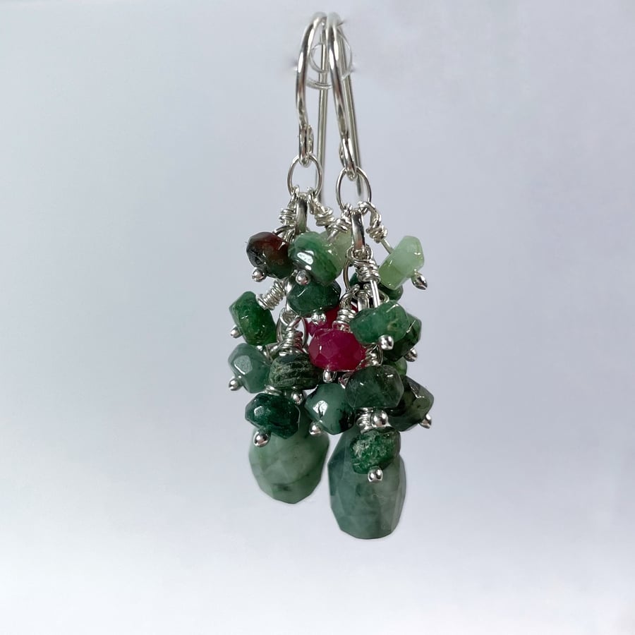Emerald, Ruby and silver cluster earrings