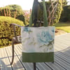 Tote bag shoulder bag in blue floral fabric with green base