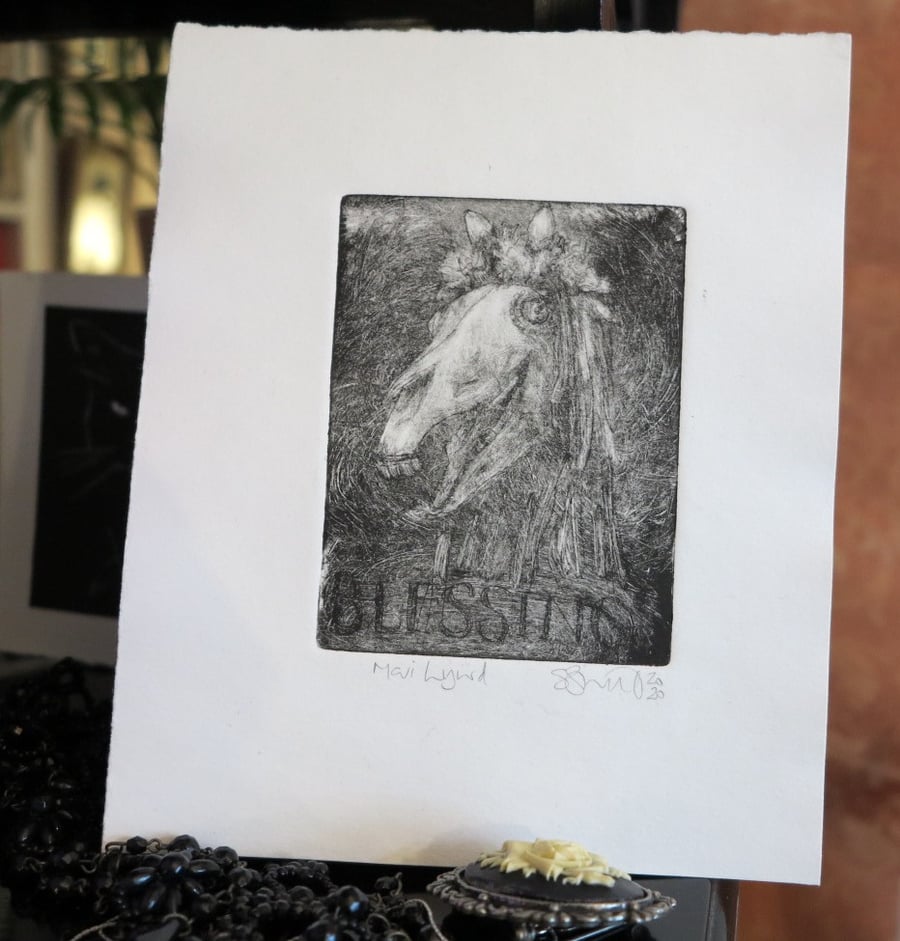 Moody Mari Lwyd original drypoint etching 