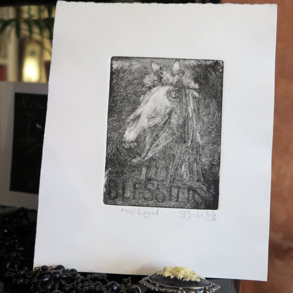 Moody Mari Lwyd original drypoint etching 