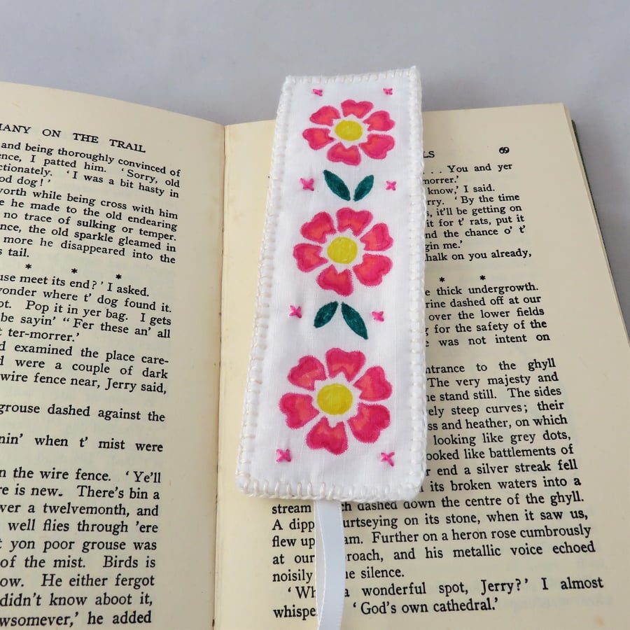 Embroidered Stencilled Bookmark on vintage cotton - wild roses