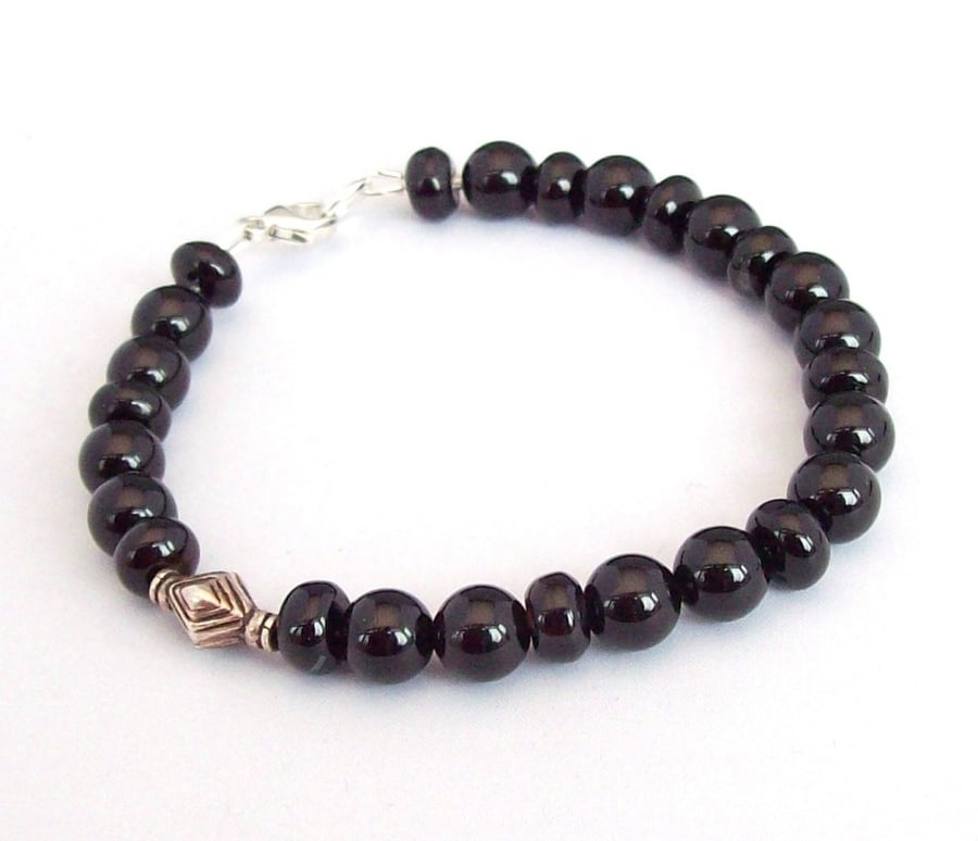 Black Agate Bracelet Sterling silver bead and fastening 7.5 inch Unisex gift