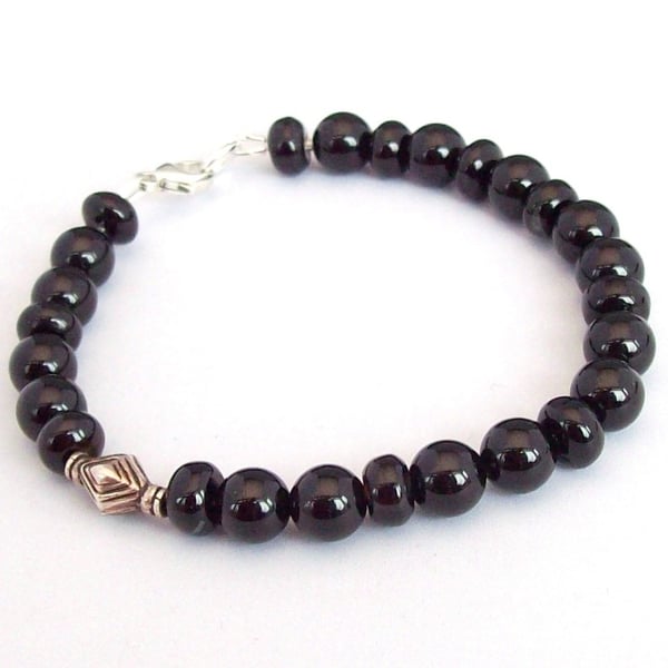 Black Agate Bracelet Sterling silver bead and fastening 7.5 inch Unisex gift