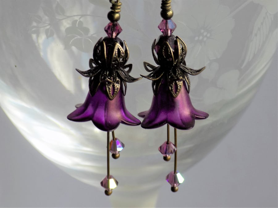 Damson Wine Hand Painted Lucite Flower Earrings, Floral Boho Vintage Style