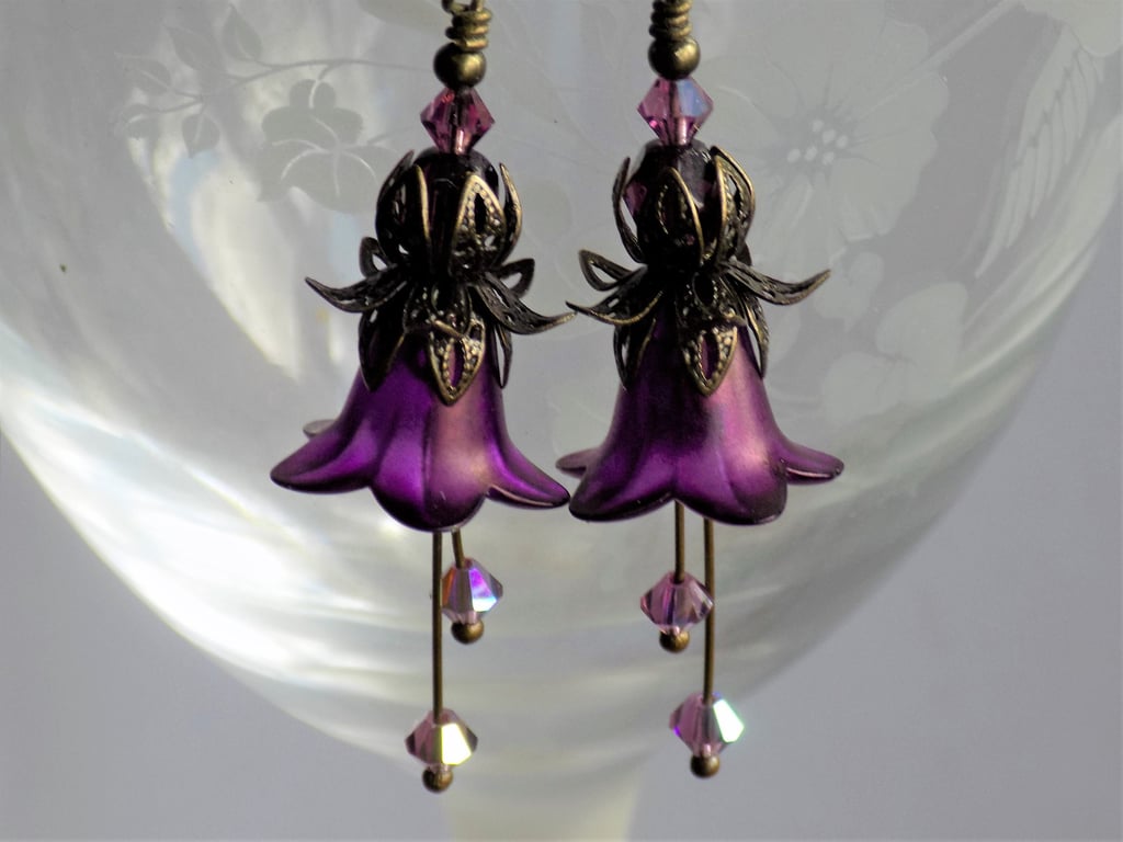 Damson Wine Hand Painted Lucite Flower Earrings, Floral Boho Vintage Style