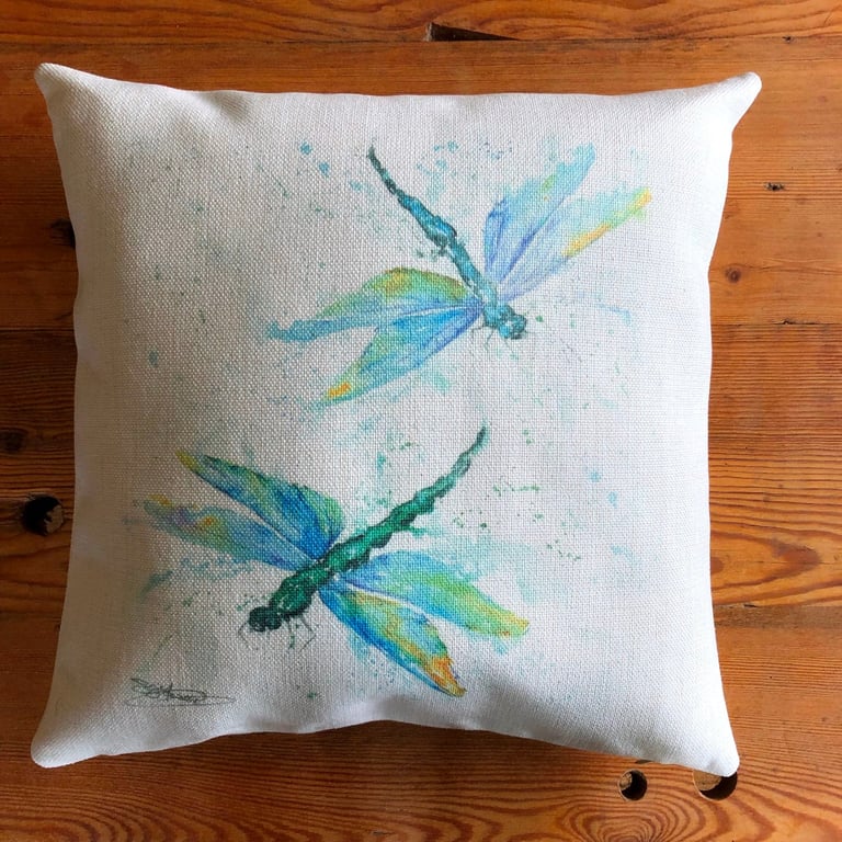 Dragonflies Blue Cushion Cover, Wildlife Art Cushion, Dragonfly Watercolour Text