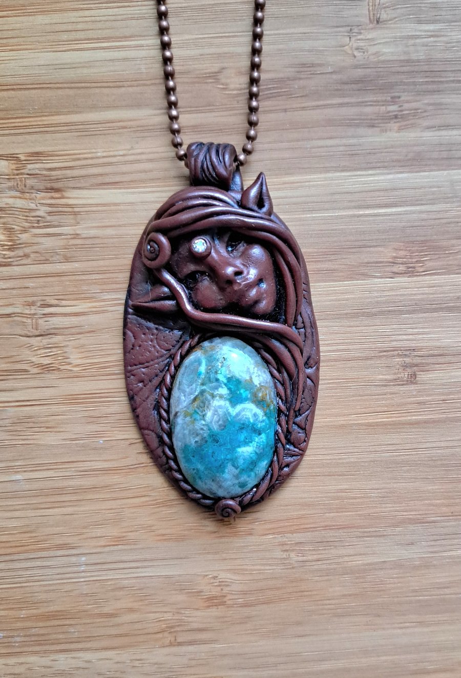 Shattuckite Crystal and Polymer Clay Elven Goddess Amulet Pendant 