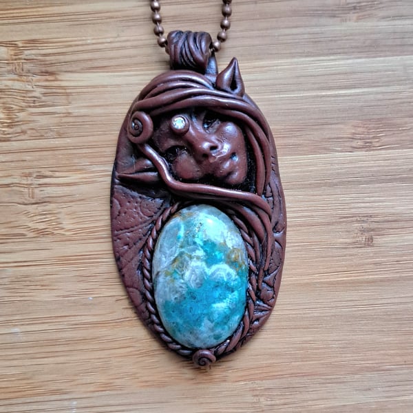 Shattuckite Crystal and Polymer Clay Elven Goddess Amulet Pendant 