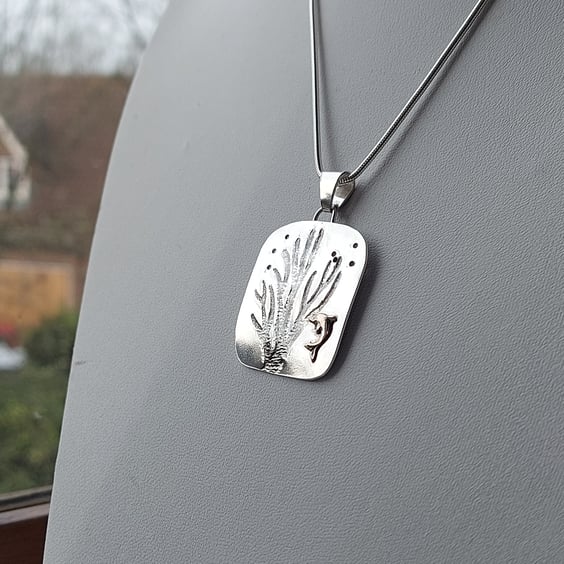  Sterling Silver Pendant Necklace 'Undersea World' with Kelp Forest and Dolphin