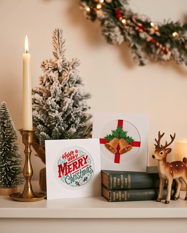 Set of 2 Cross Stitch Christmas Cards, Handmade Bells & Merry Christmas Cards