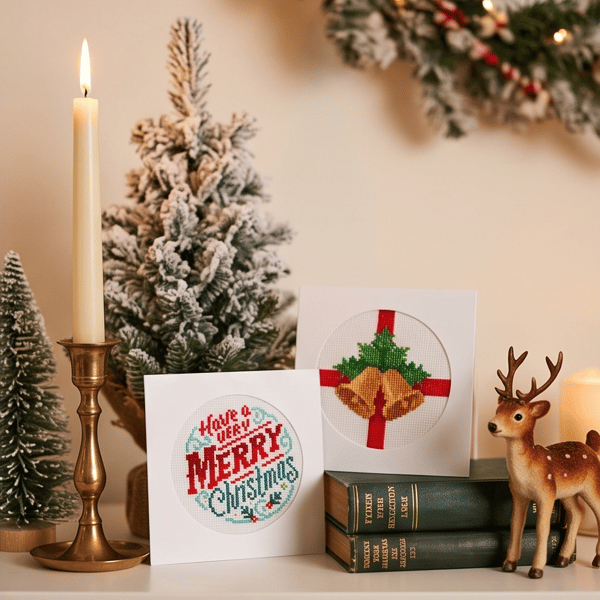 Set of 2 Cross Stitch Christmas Cards, Handmade Bells & Merry Christmas Cards