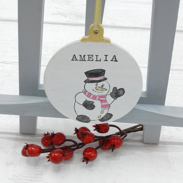 Personalised Christmas decoration. Tree decoration. Wooden bauble. Snowman.