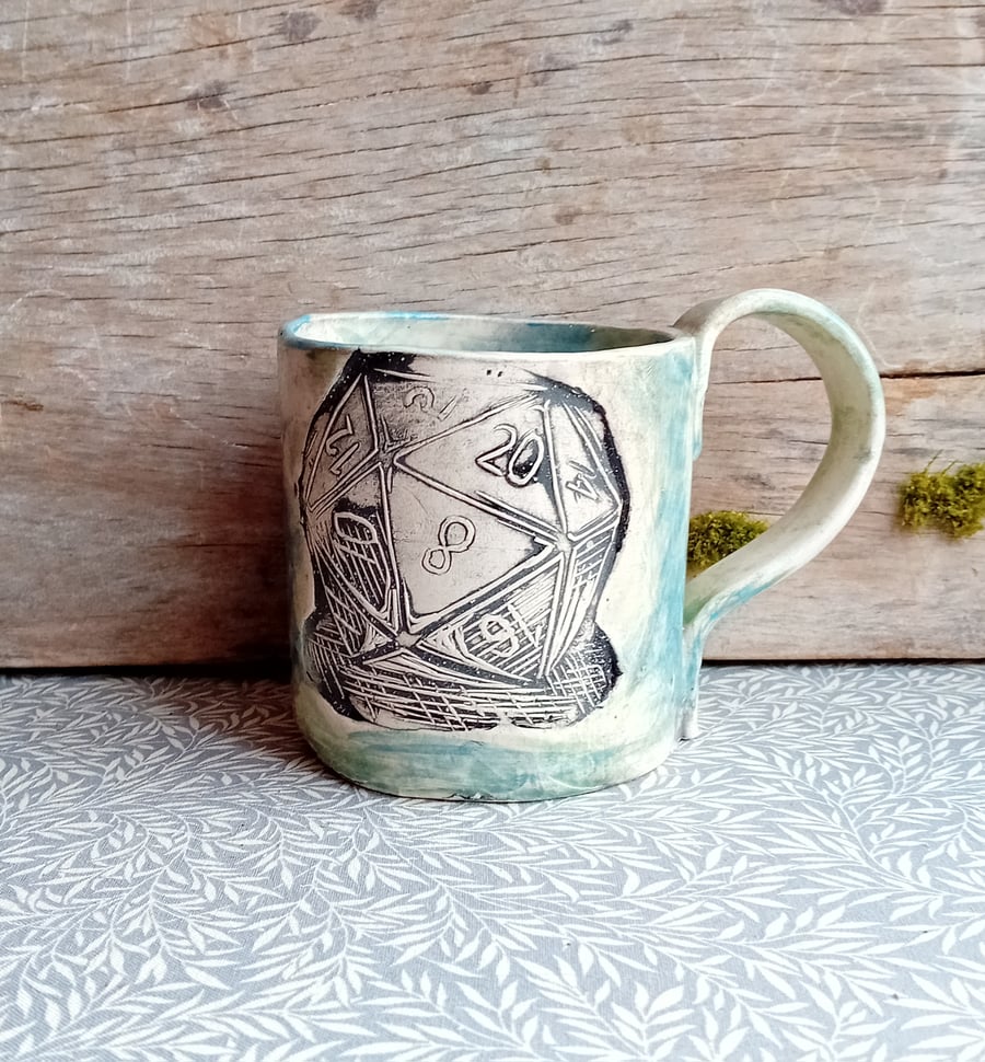 Ceramic handmade coffee mug d20 dice blue