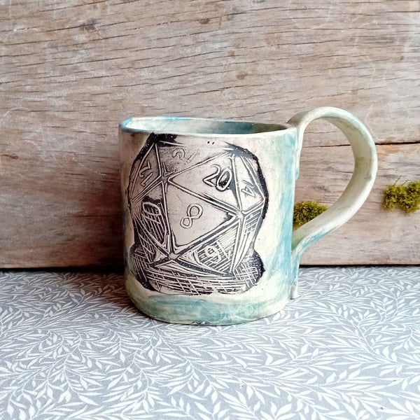 Ceramic handmade coffee mug d20 dice blue
