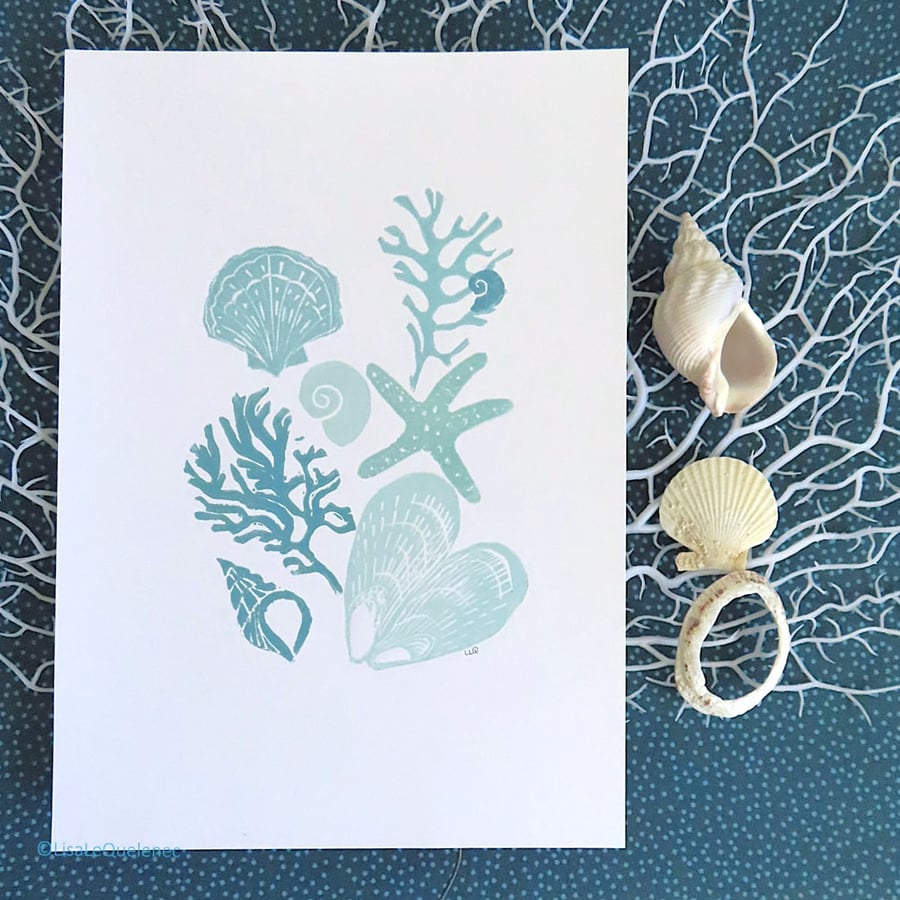 Lino print rockpool series sea shells, seaweed and pebbles seaside coastal art