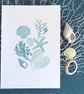 Lino print rockpool series sea shells, seaweed and pebbles seaside coastal art