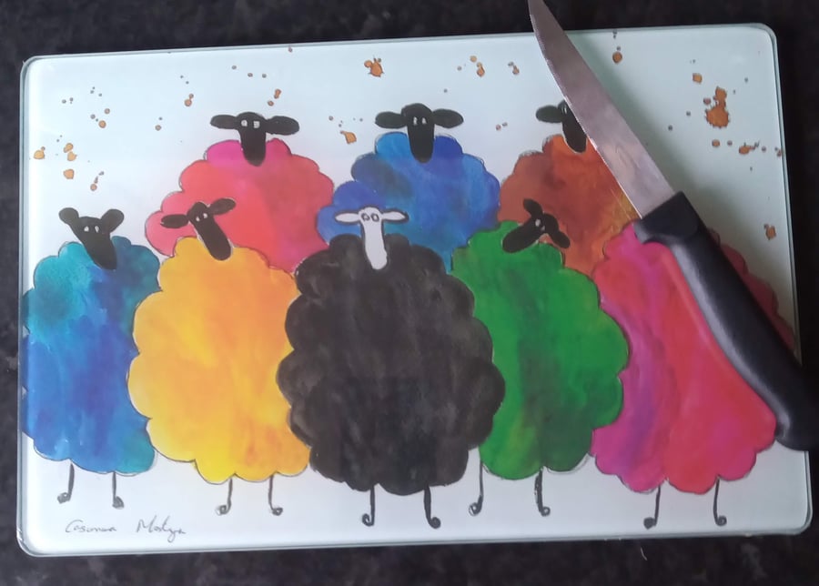 Colourful Sheep Glass Chopping Board 20cm x 28 cm