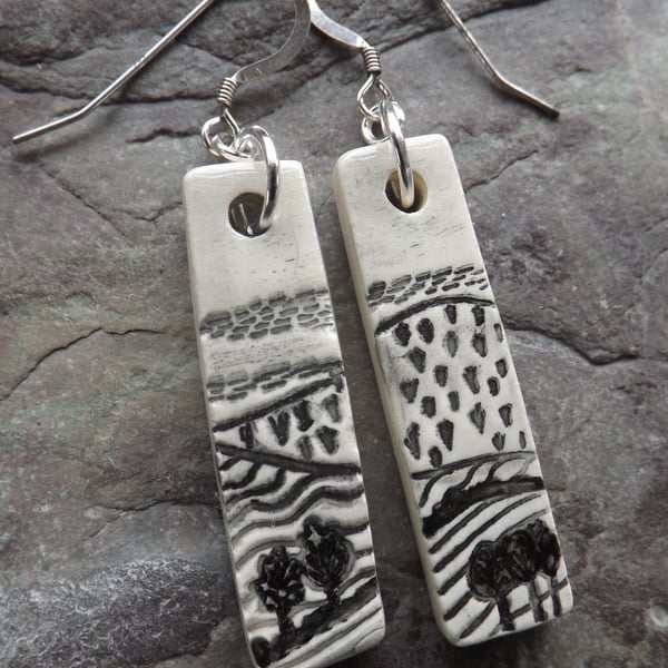 Landscape handmade ceramic and sterling silver drop earrings in black and white
