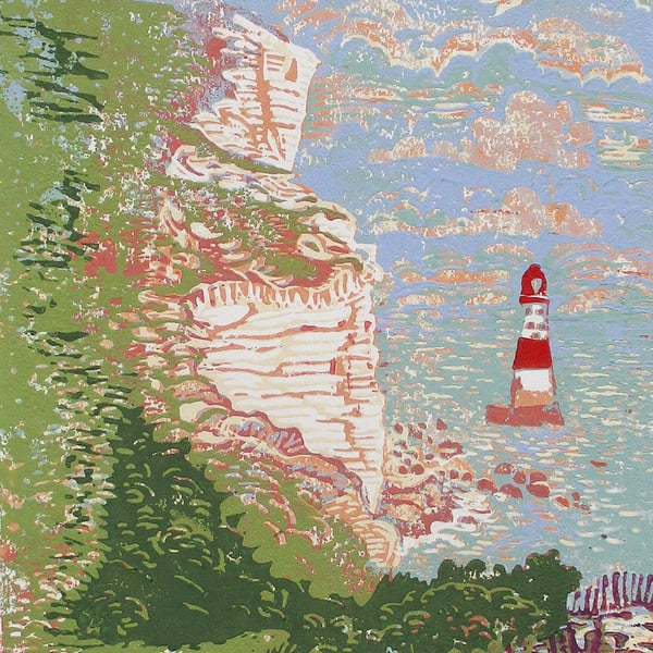 Beachy Head Lighthouse -  Original Hand Pressed Linocut Print Ltd Edition