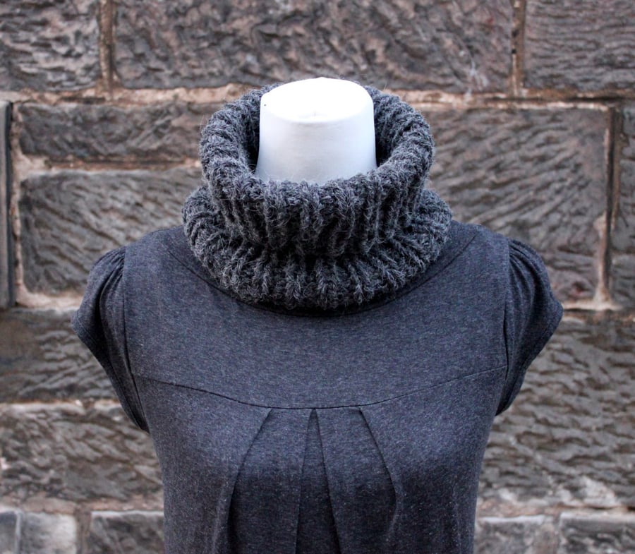 Knitted chunky cowl snood poloneck dark gray, gift guide, unisex neckwear