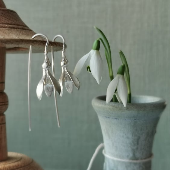 Silver Snowdrop Earrings -  Handmade Winter Gift for Her