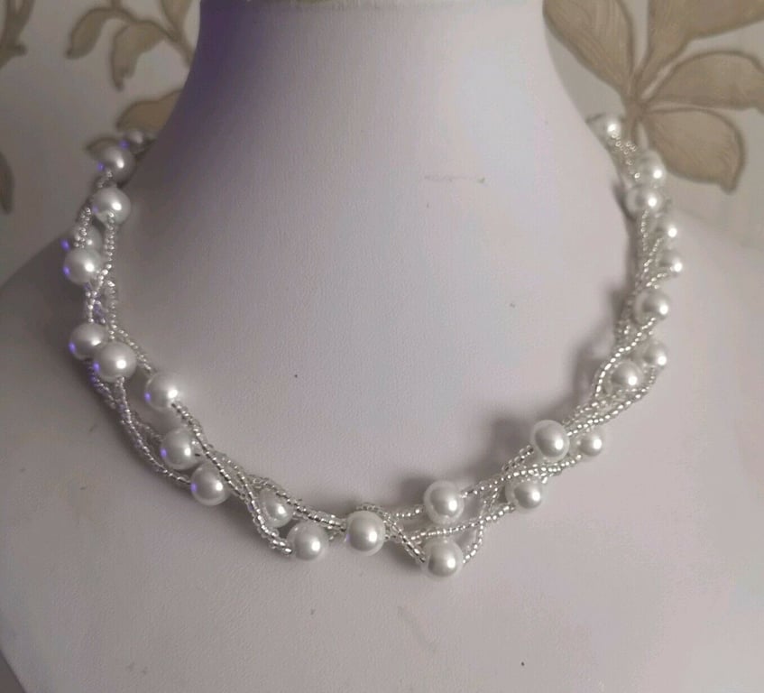 Twisted Glass pearl & Seed bead necklace white silver beaded triple strand women