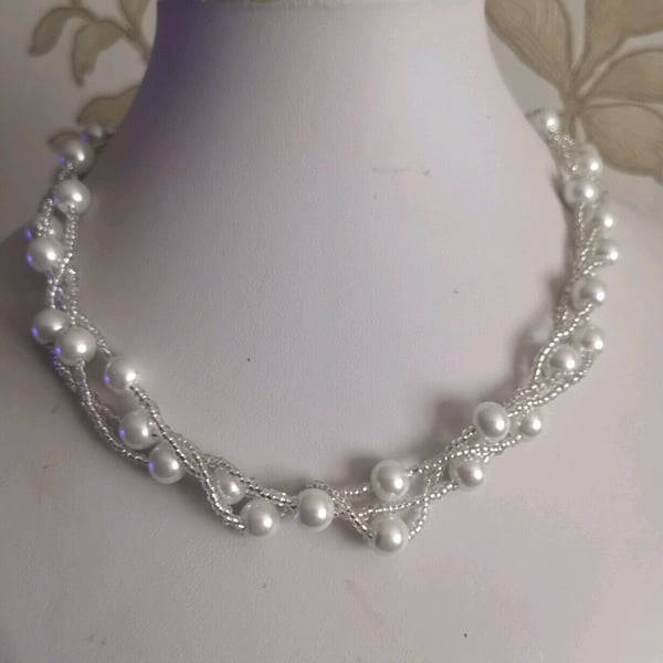 Twisted Glass pearl & Seed bead necklace white silver beaded triple strand women