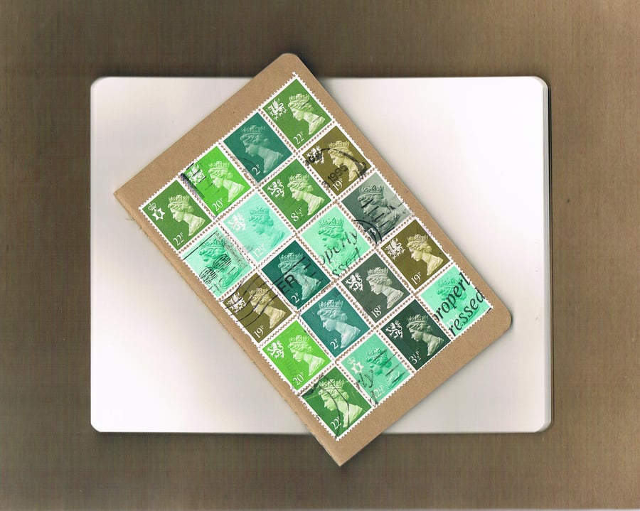 FIRST CLASS NOTEBOOK Green Machin stamps, custom Moleskine cahier, mail art