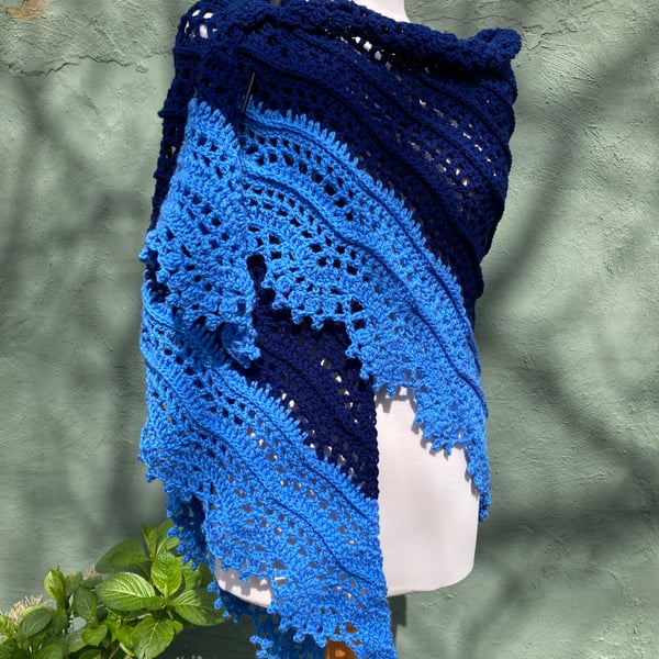 Handknitted Handmade Textured Lace Triangle Shawl Scarf Wrap in Blue Vegan Wool