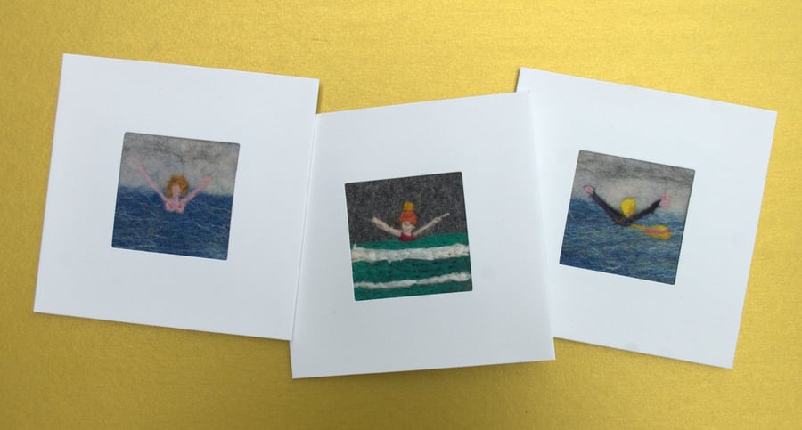 Hand-felted cards of swimmers - set