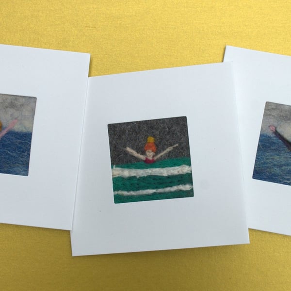 Hand-felted cards of swimmers - set