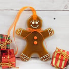 Fused Glass Gingerbread Person has Dotty Cuff Decoration & Orange Embellishments