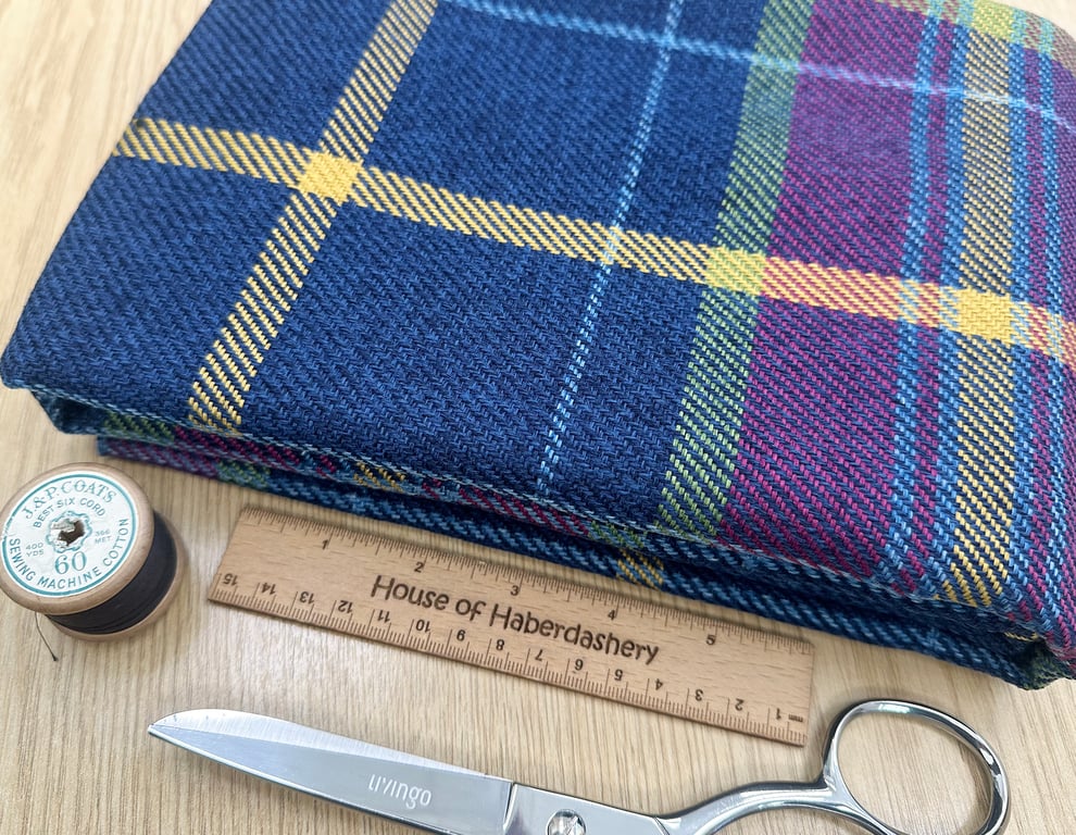 Grampian 'Sheba' Navy Blue & Pink Tartan Check Faux Wool Upholstery Fabric