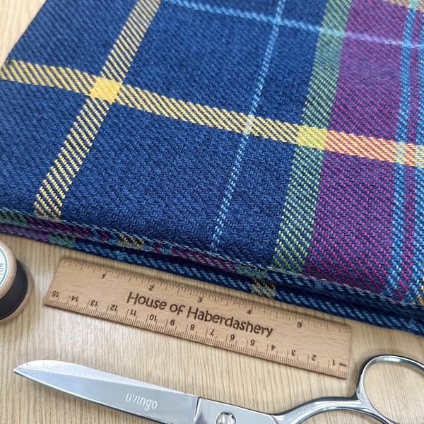 Grampian 'Sheba' Navy Blue & Pink Tartan Check Faux Wool Upholstery Fabric