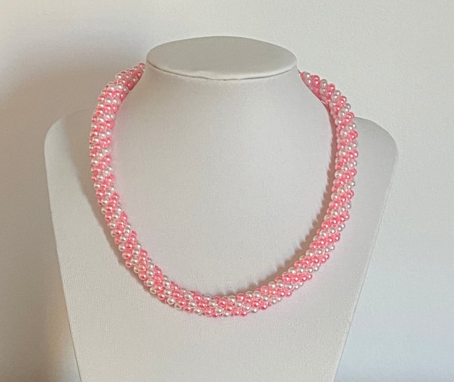 Pretty Pink & White Pearl Handmade Woven Necklace
