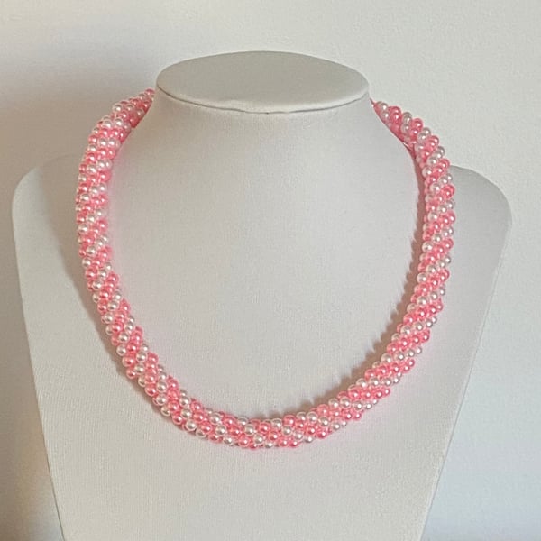 Pretty Pink & White Pearl Handmade Woven Necklace