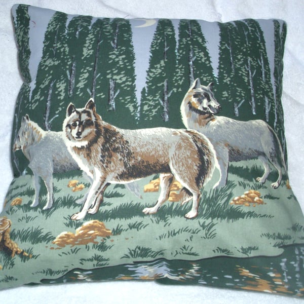 Wolf pack by a river in the moonlight cushion