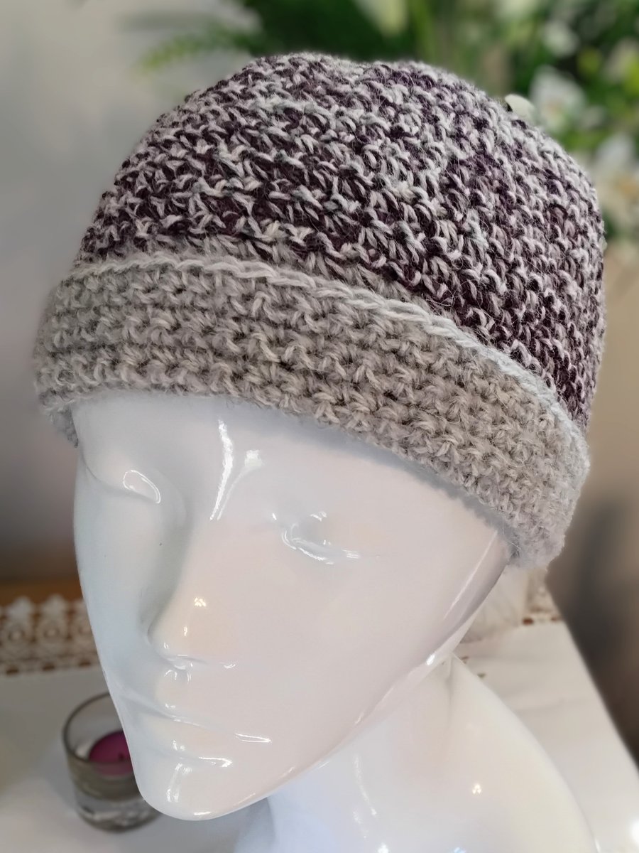 Wool and Mohair Crochet Winter Beanie in Heather Purple and Warm Grey